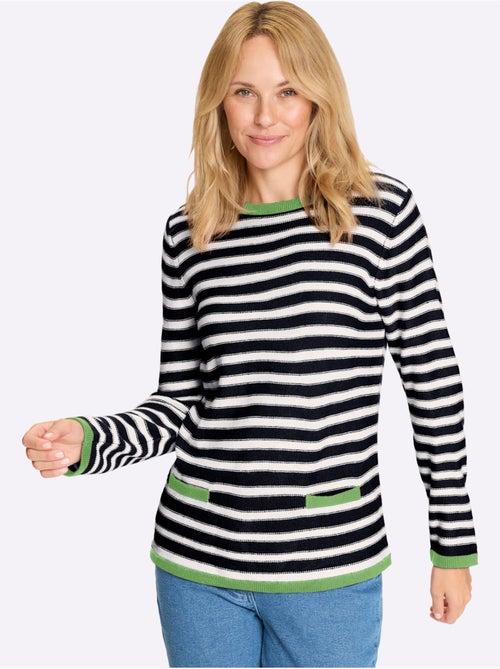 Pull marinière à encolure ronde avec rayures et fausses poches - Taille standard - Moda Vilona - Kiabi Pull marinière à encolure ronde avec rayures et fausses poches - Taille standard - Moda Vilona - Kiabi