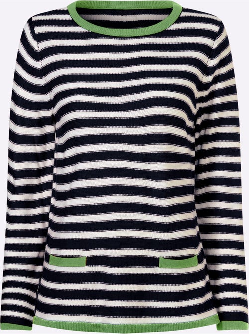 Pull marinière à encolure ronde avec rayures et fausses poches - Taille standard - Moda Vilona - Kiabi Pull marinière à encolure ronde avec rayures et fausses poches - Taille standard - Moda Vilona - Kiabi