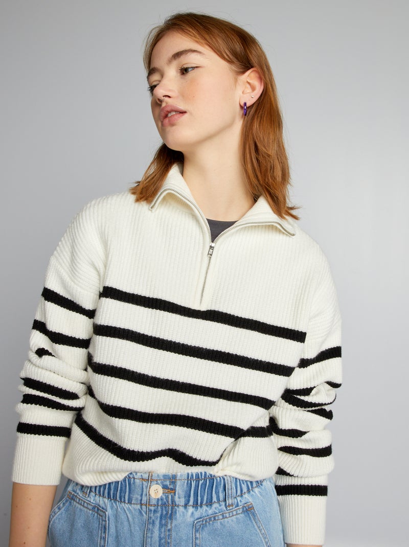 Pull marinière col camionneur zippé Blanc - Kiabi