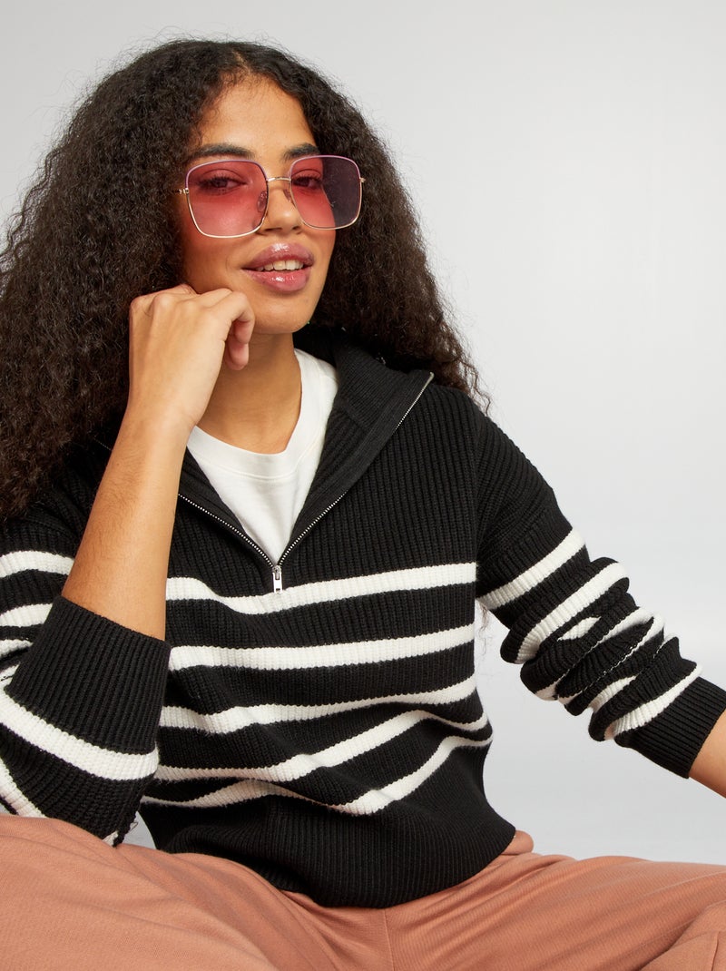 Pull marinière col camionneur zippé Noir - Kiabi