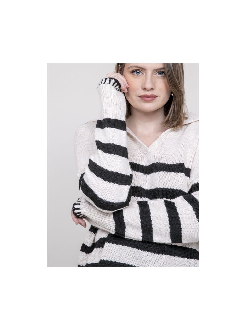 Pull marinière col polo kovane Ecru - Kiabi