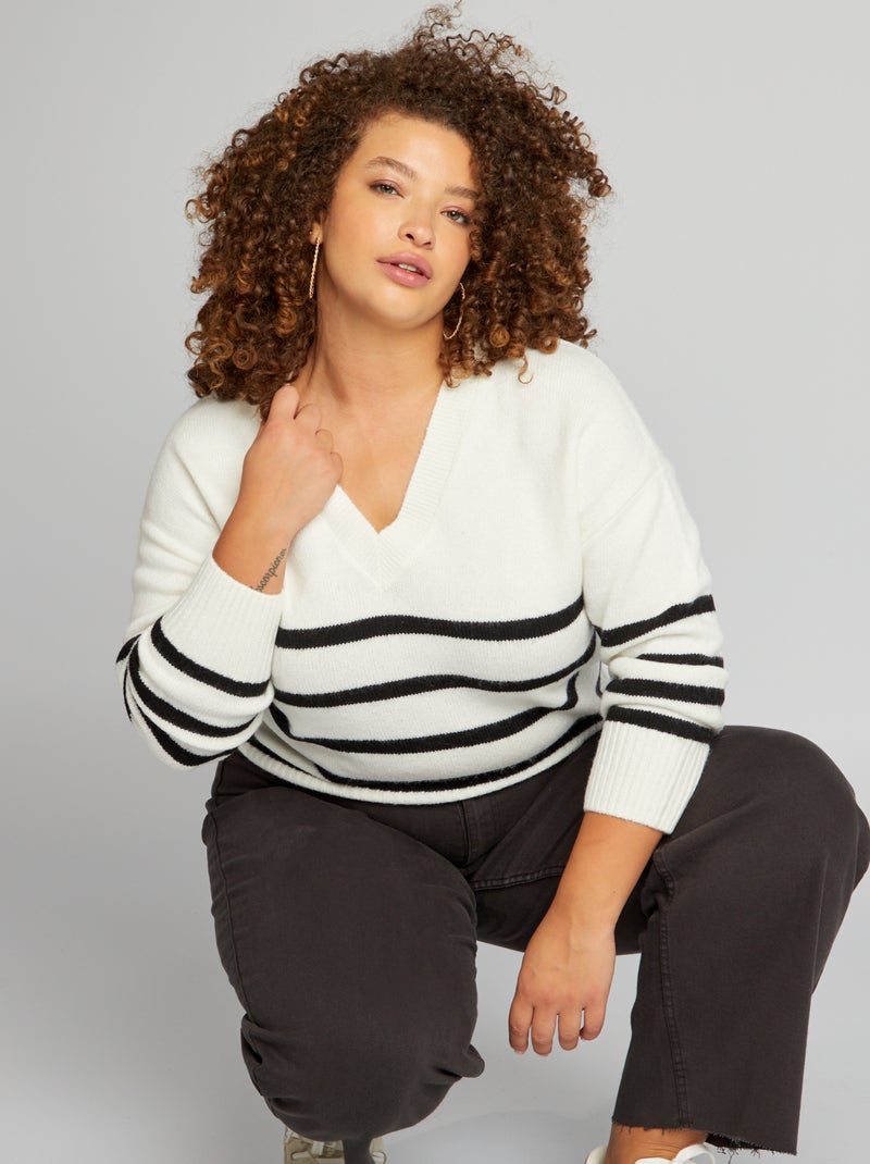 Pull marinière col V Noir - Kiabi