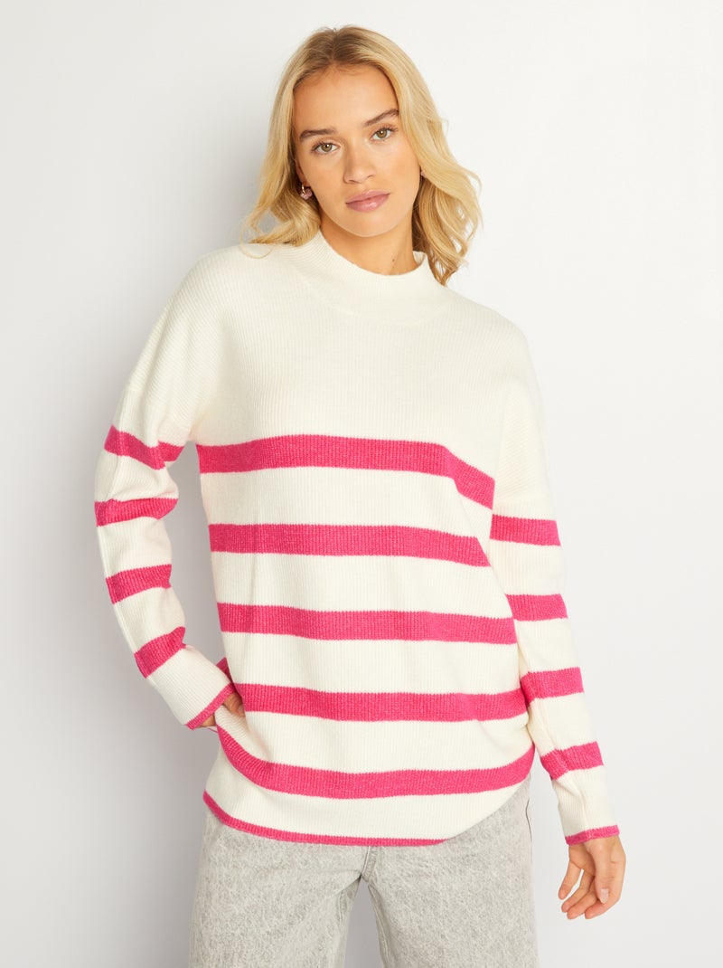 Pull marinière en maille Blanc/fushia - Kiabi