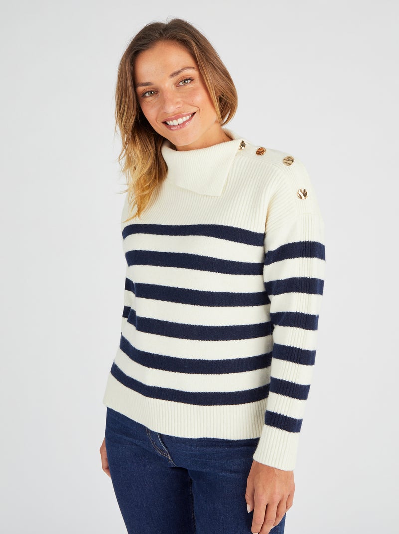 Pull marinière épaule boutonnée. - Damart Blanc - Kiabi