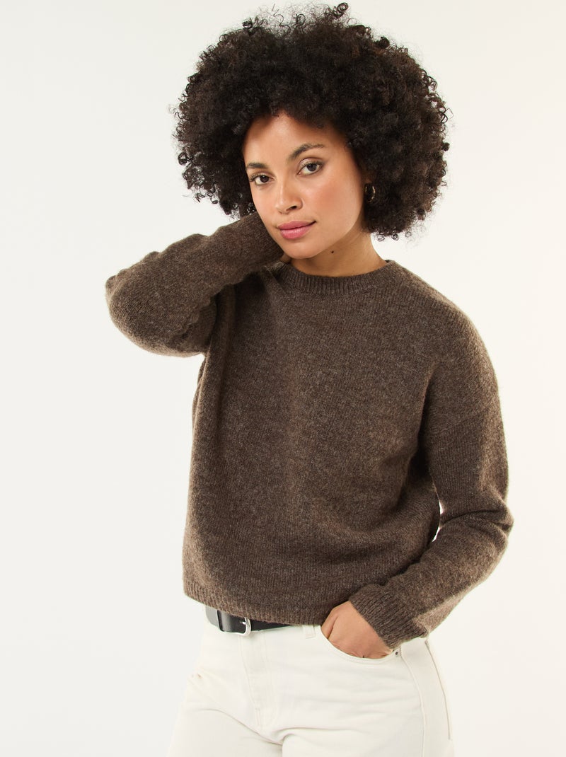 Pull matière douce col rond Marron - Kiabi