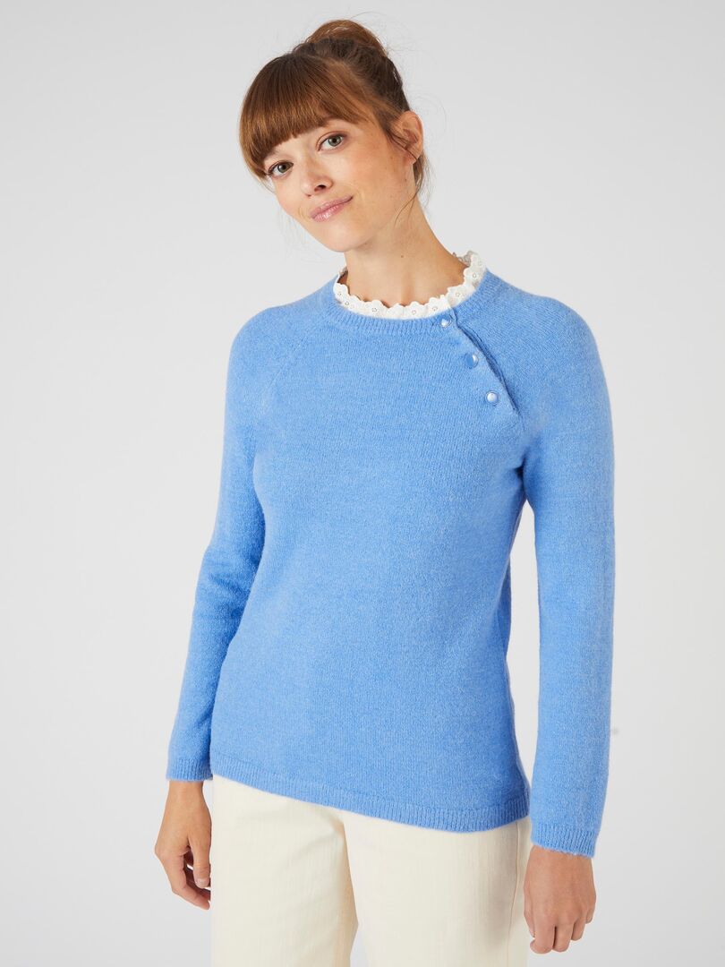 Pull mélange alpaga col broderie anglaise - Damart Bleu - Kiabi