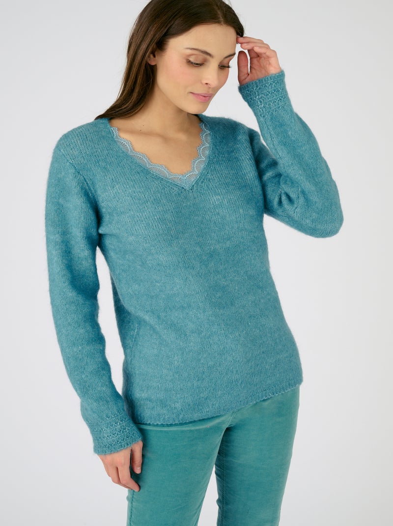 Pull mélange mohair col dentelle - Damart Bleu canard - Kiabi