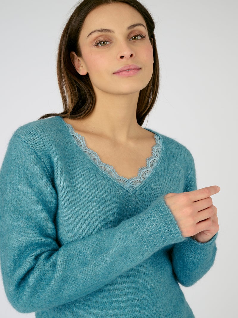 Pull mélange mohair col dentelle - Damart Bleu canard - Kiabi