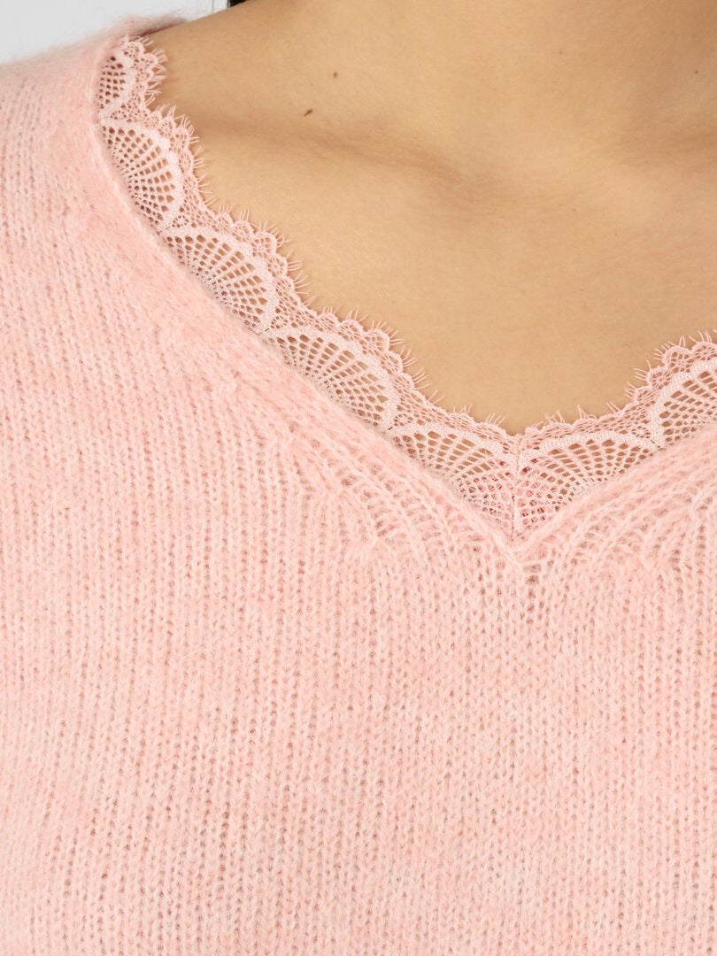 Pull mélange mohair col dentelle - Damart - Rose - - nu