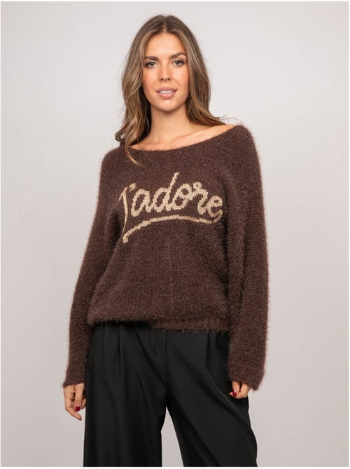 Pull message maille poilue fil doré koperdi - Kiabi