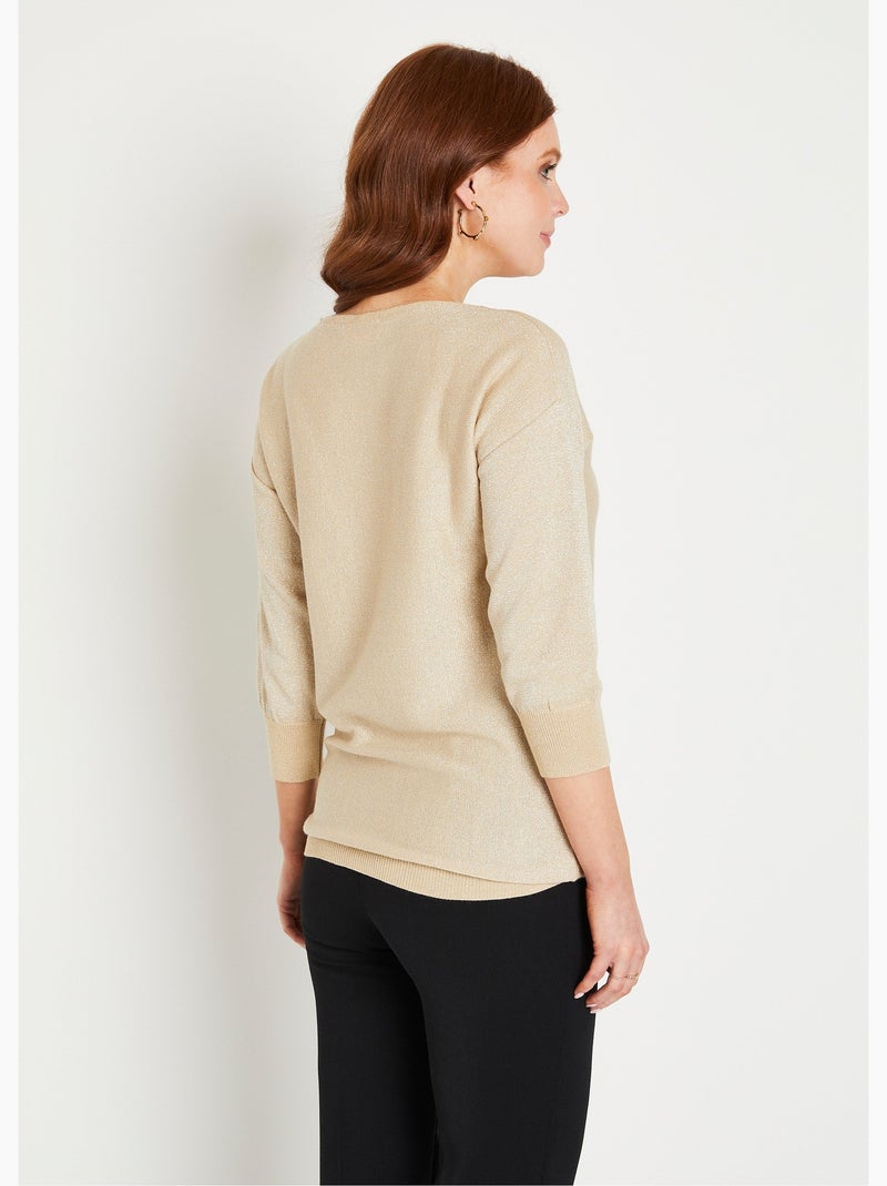 Pull mi-long uni brillant manches 3/4 col bateau - Afibel Beige Métal - Kiabi