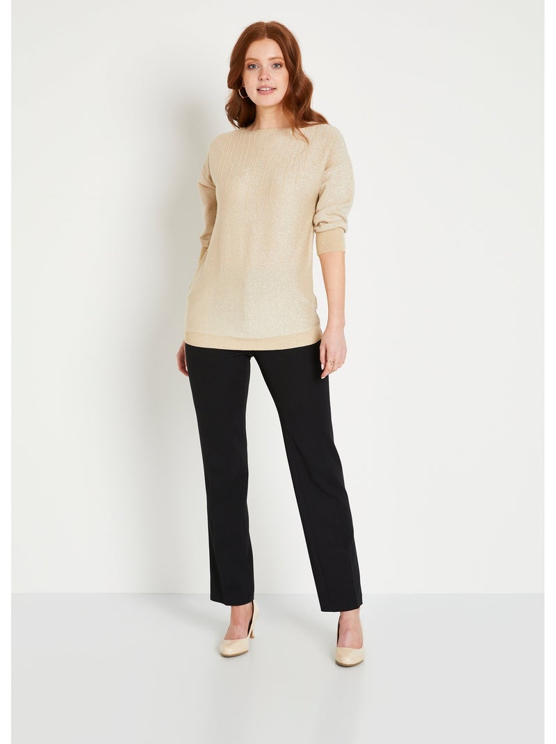 Pull mi-long uni brillant manches 3/4 col bateau - Afibel Beige Métal - Kiabi