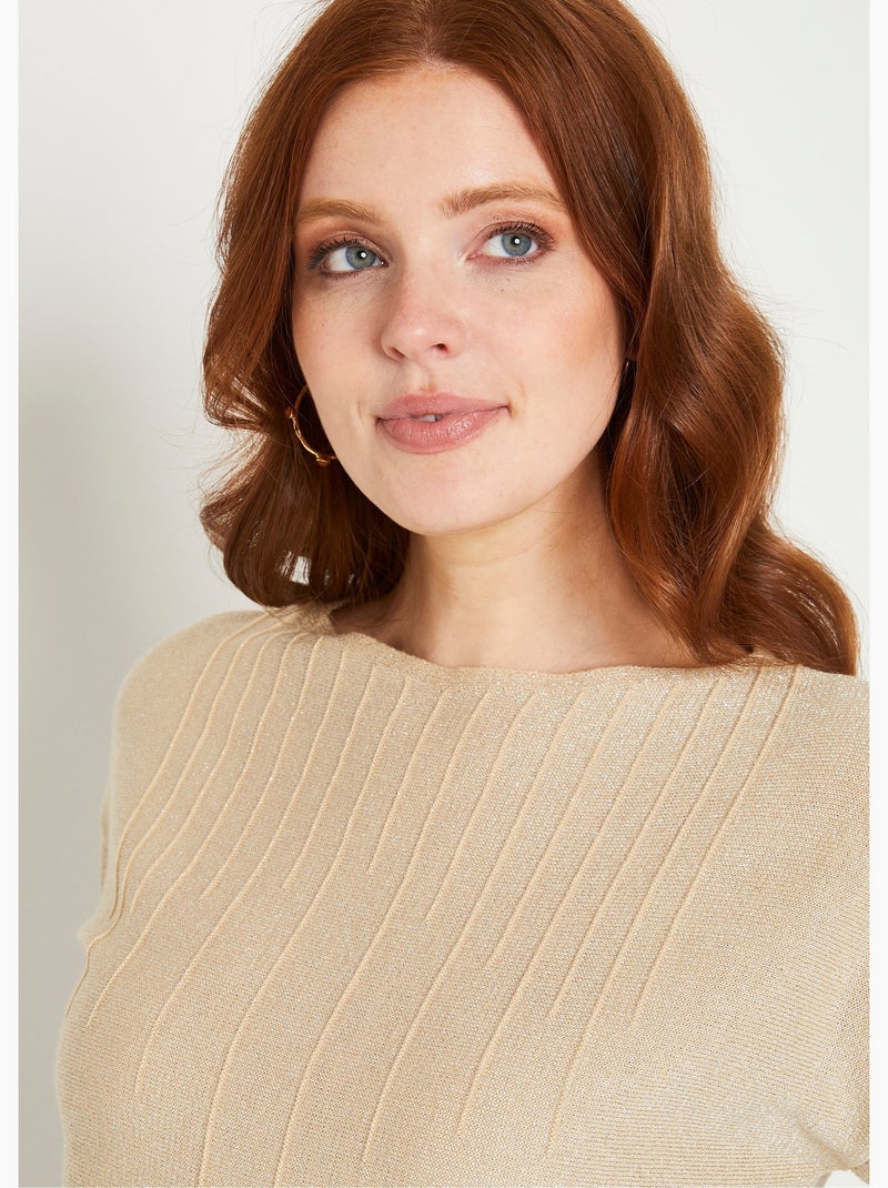 Pull mi-long uni brillant manches 3/4 col bateau - Afibel Beige Métal - Kiabi
