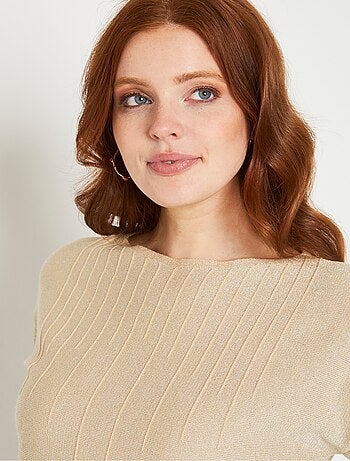 Pull mi-long uni brillant manches 3/4 col bateau