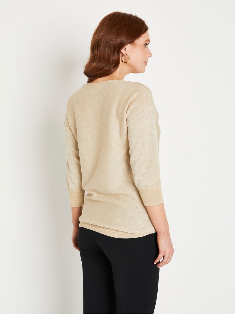 Pull mi-long uni brillant manches 3/4 col bateau Beige - Kiabi