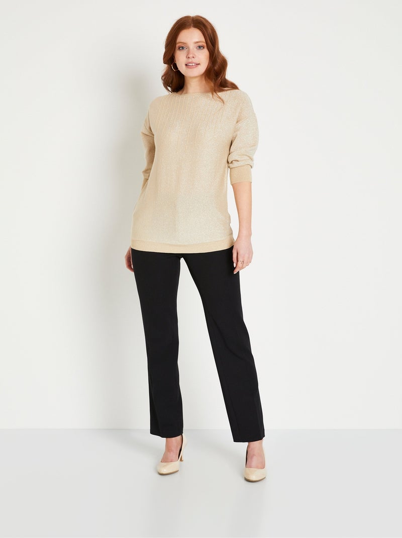 Pull mi-long uni brillant manches 3/4 col bateau Beige - Kiabi