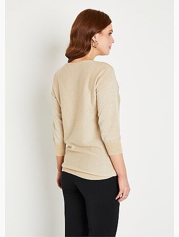 Pull mi-long uni brillant manches 3/4 col bateau