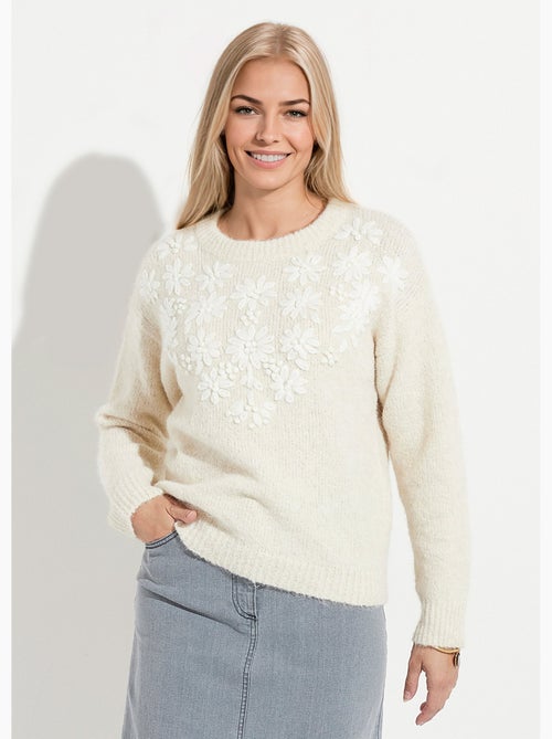 Pull moelleux col rond fleurs brodées - Afibel - Kiabi
