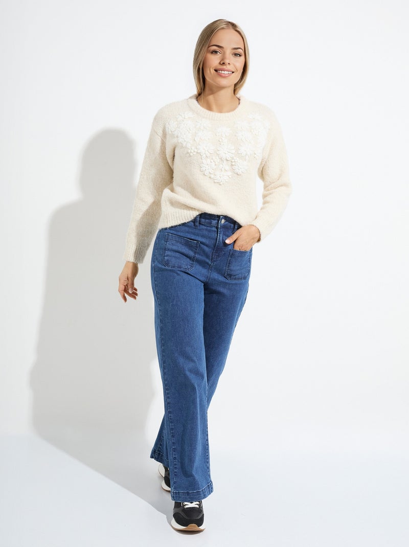 Pull moelleux col rond fleurs brodées - Afibel Beige - Kiabi