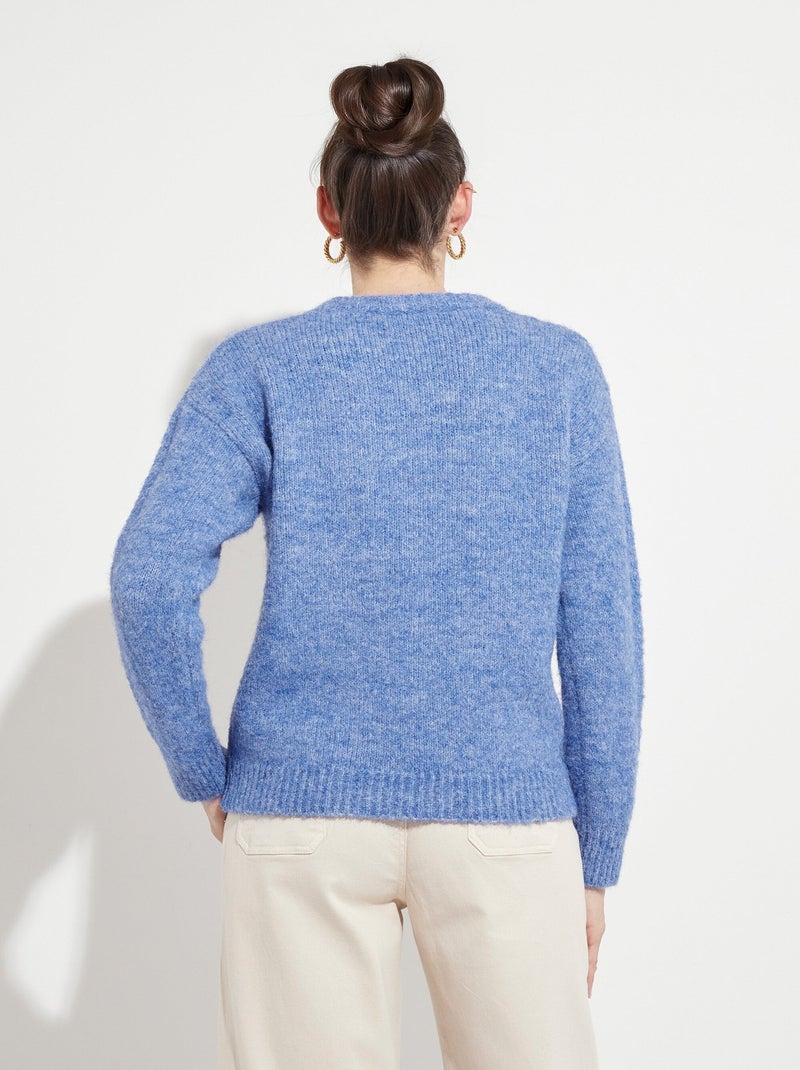 Pull moelleux col rond fleurs brodées - Afibel Bleu - Kiabi