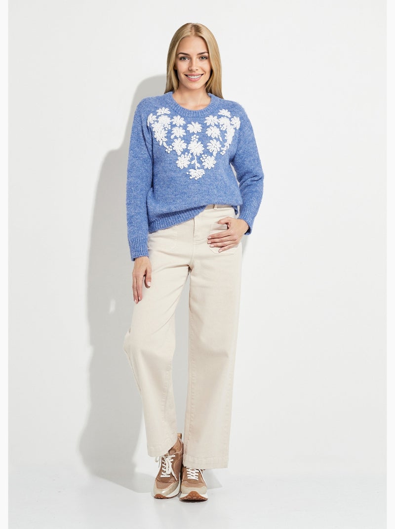 Pull moelleux col rond fleurs brodées - Afibel Bleu - Kiabi