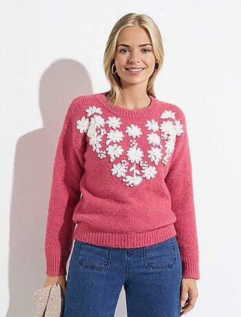 Pull moelleux col rond fleurs brodées - Afibel