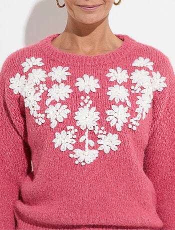 Pull moelleux col rond fleurs brodées - Afibel