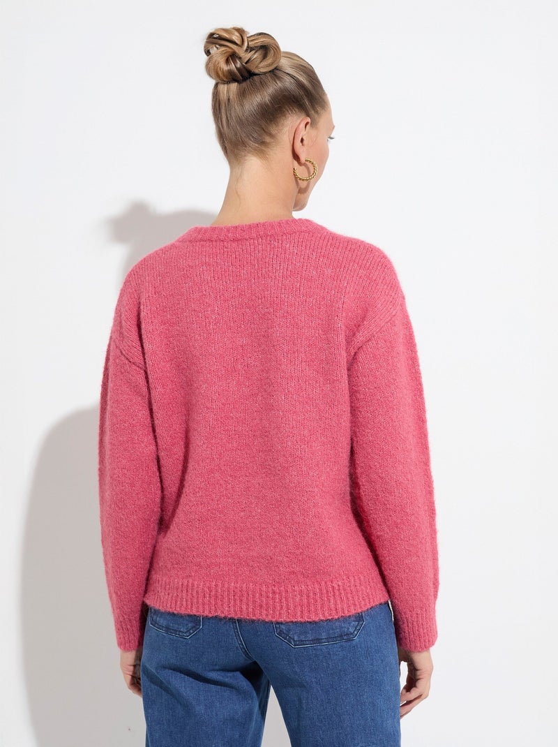 Pull moelleux col rond fleurs brodées - Afibel Rose - Kiabi