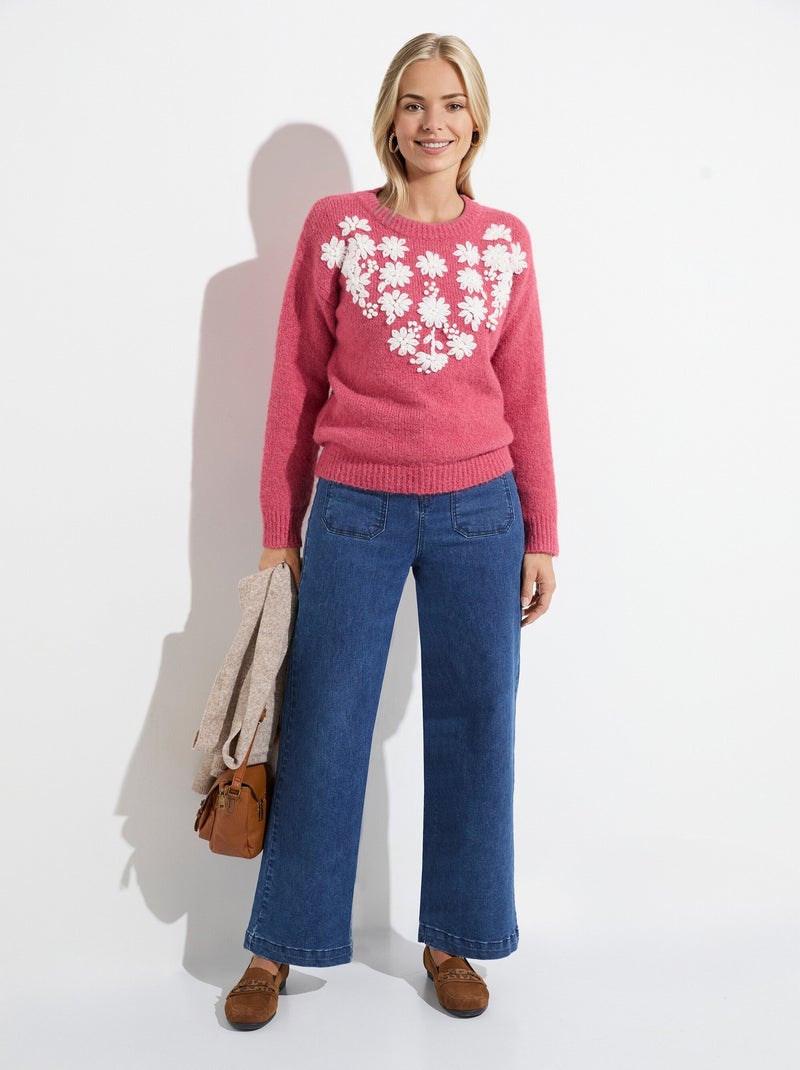 Pull moelleux col rond fleurs brodées - Afibel Rose - Kiabi