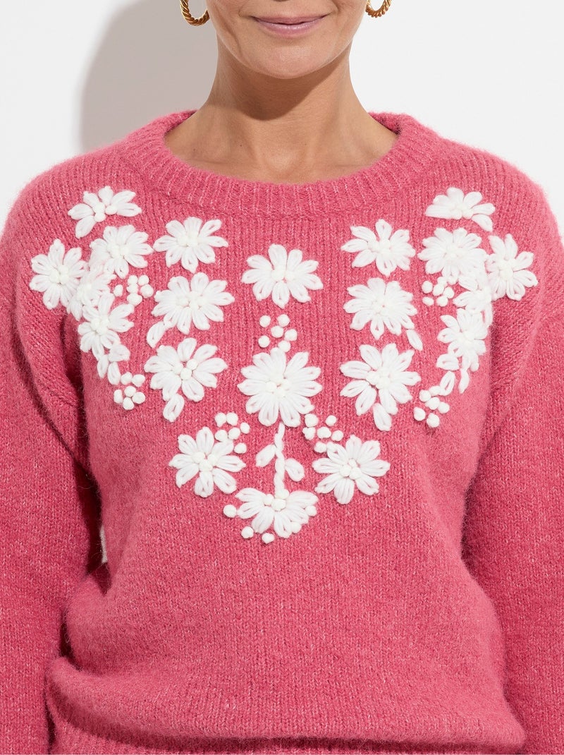Pull moelleux col rond fleurs brodées - Afibel Rose - Kiabi