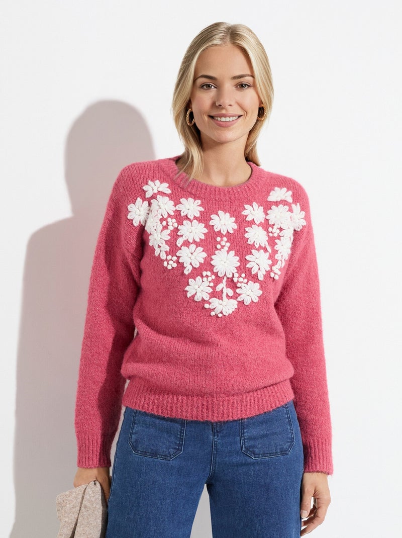 Pull moelleux col rond fleurs brodées Rose - Kiabi