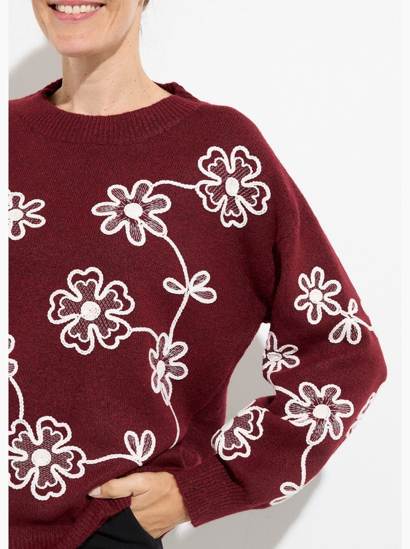 Pull montant application fleurs brodées - afibel Bordeaux - Kiabi