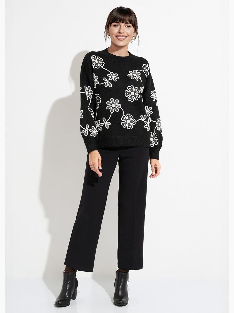 Pull montant application fleurs brodées - afibel Noir - Kiabi