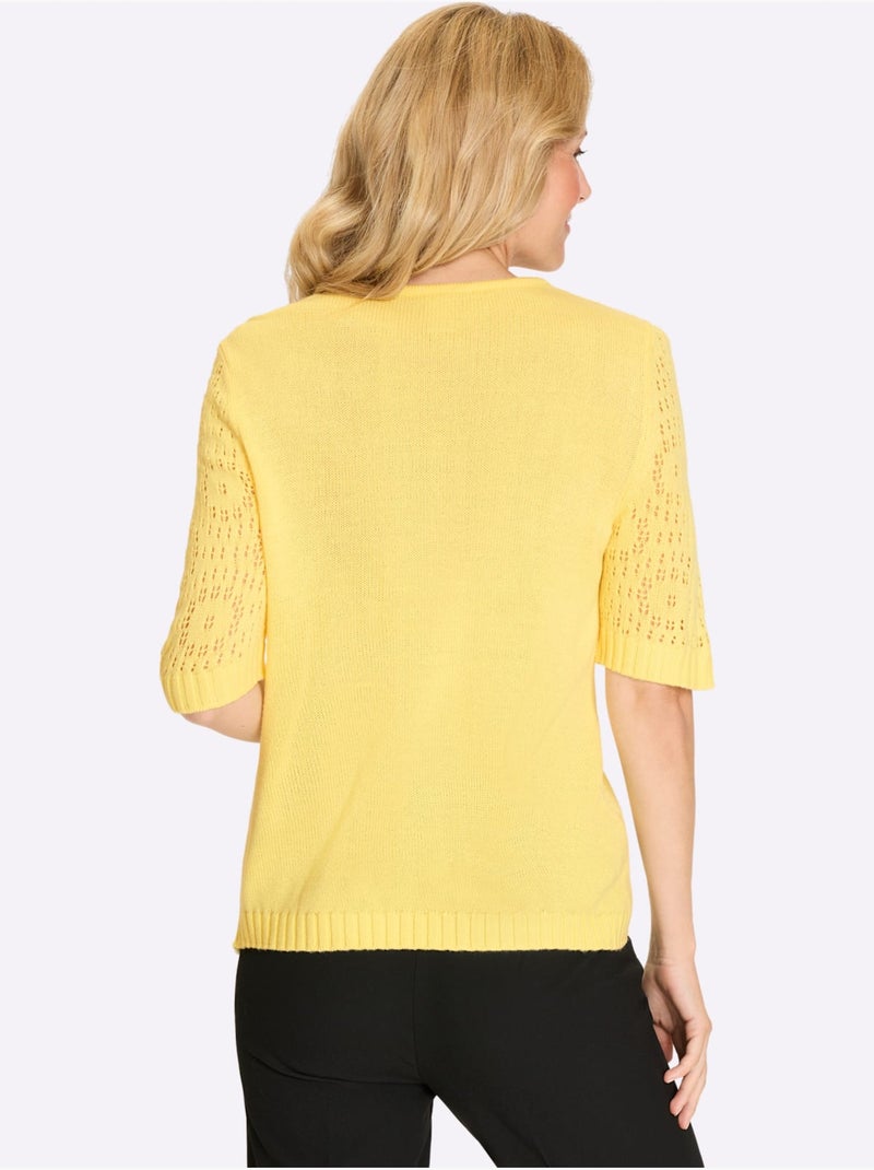 Pull Motif Ajouré à La Manche - Taille Standard - Moda Vilona Jaune citron - Kiabi