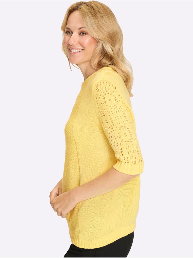 Pull Motif Ajouré à La Manche - Taille Standard - Moda Vilona Jaune citron - Kiabi