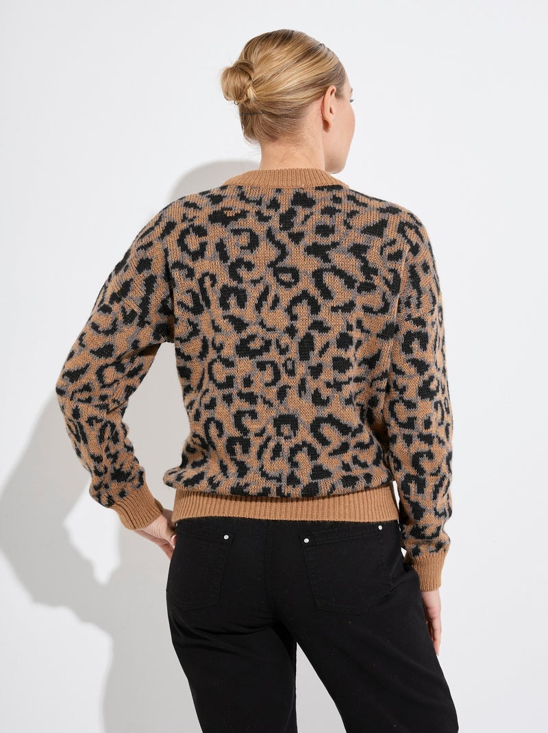 Pull motif léopard col montant manches longues - Afibel Camel - Kiabi