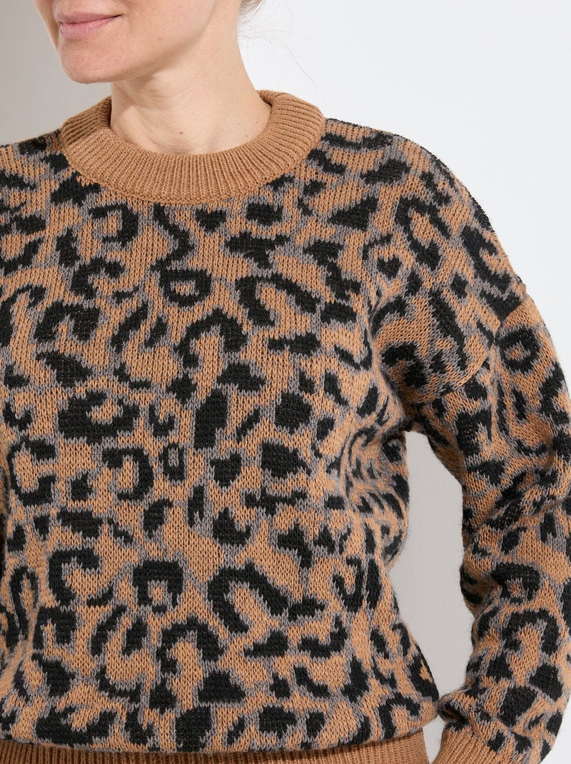 Pull motif léopard col montant manches longues - Afibel Camel - Kiabi