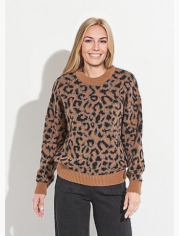 Pull motif léopard col montant manches longues