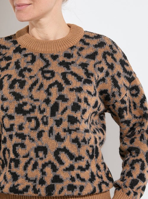 Pull motif léopard col montant manches longues - Kiabi