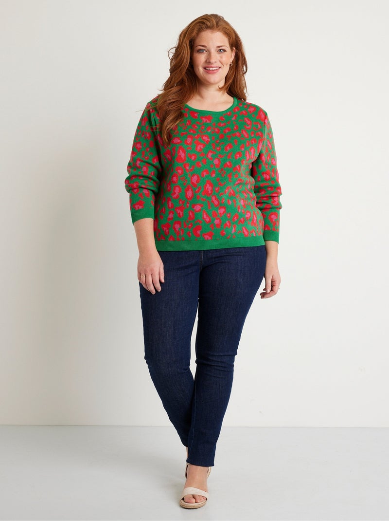 Pull motif léopard col rond - Afibel Vert - Kiabi