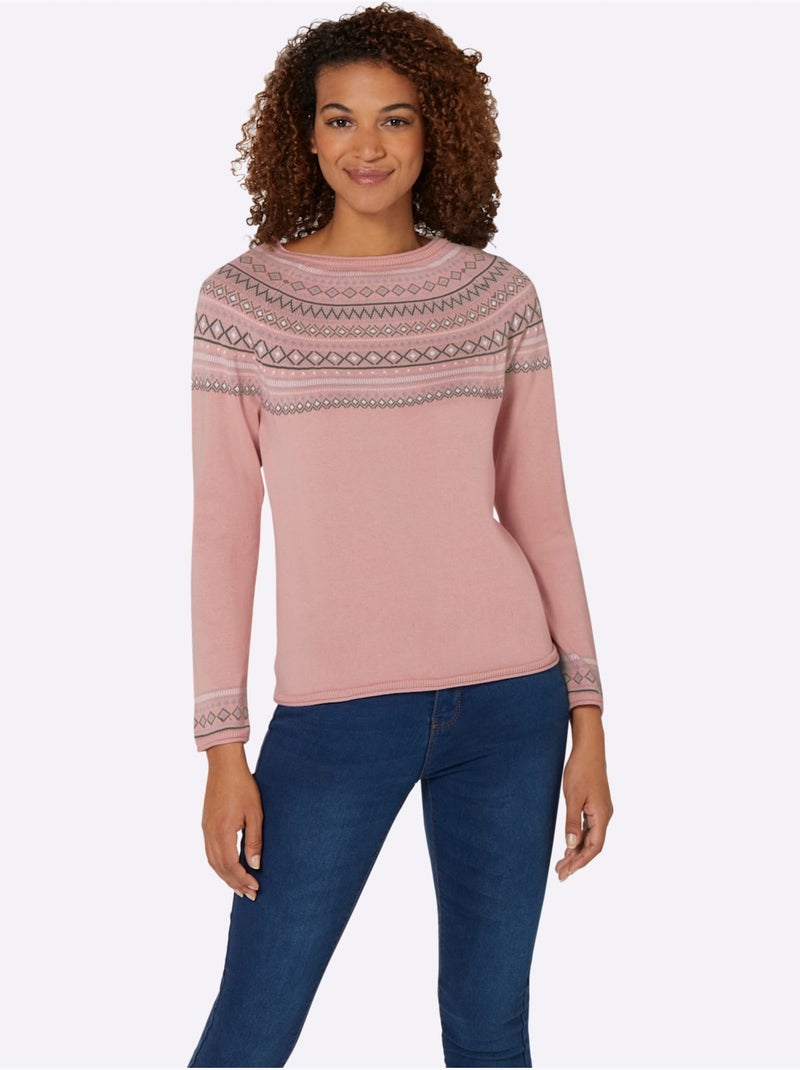 Pull motif norvégien jacquard col rond et finitions côtelées - taille standard - witt Rose - Kiabi