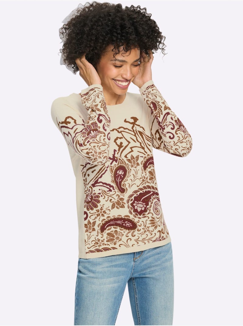 Pull motif paisley - taille standard - helline Ecru/Rouge - Kiabi