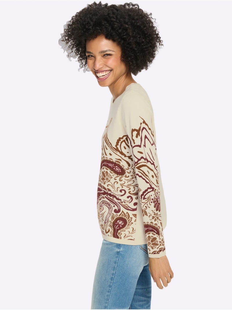 Pull motif paisley - taille standard - helline Ecru/Rouge - Kiabi