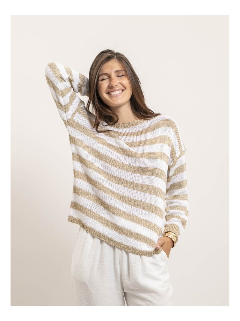 Pull motifs rayures lurex KANINA Blanc - Kiabi