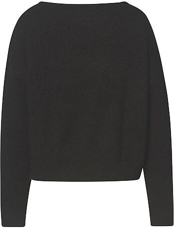 Pull noir uni avec une coupe droite un col rond large et à bijoux sur le flanc