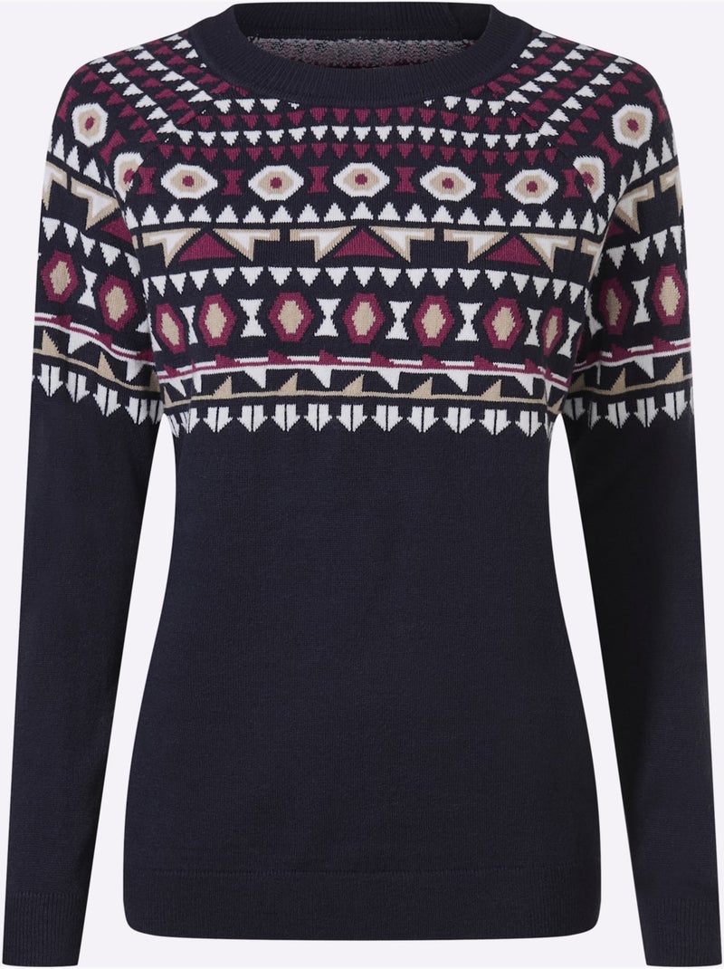 Pull Norvégien Manches Raglan - Taille Standard - Moda Vilona Ecru/Marine - Kiabi