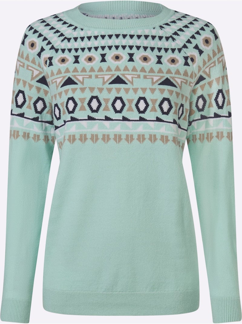 Pull Norvégien Manches Raglan - Taille Standard - Moda Vilona Écru/Vert - Kiabi