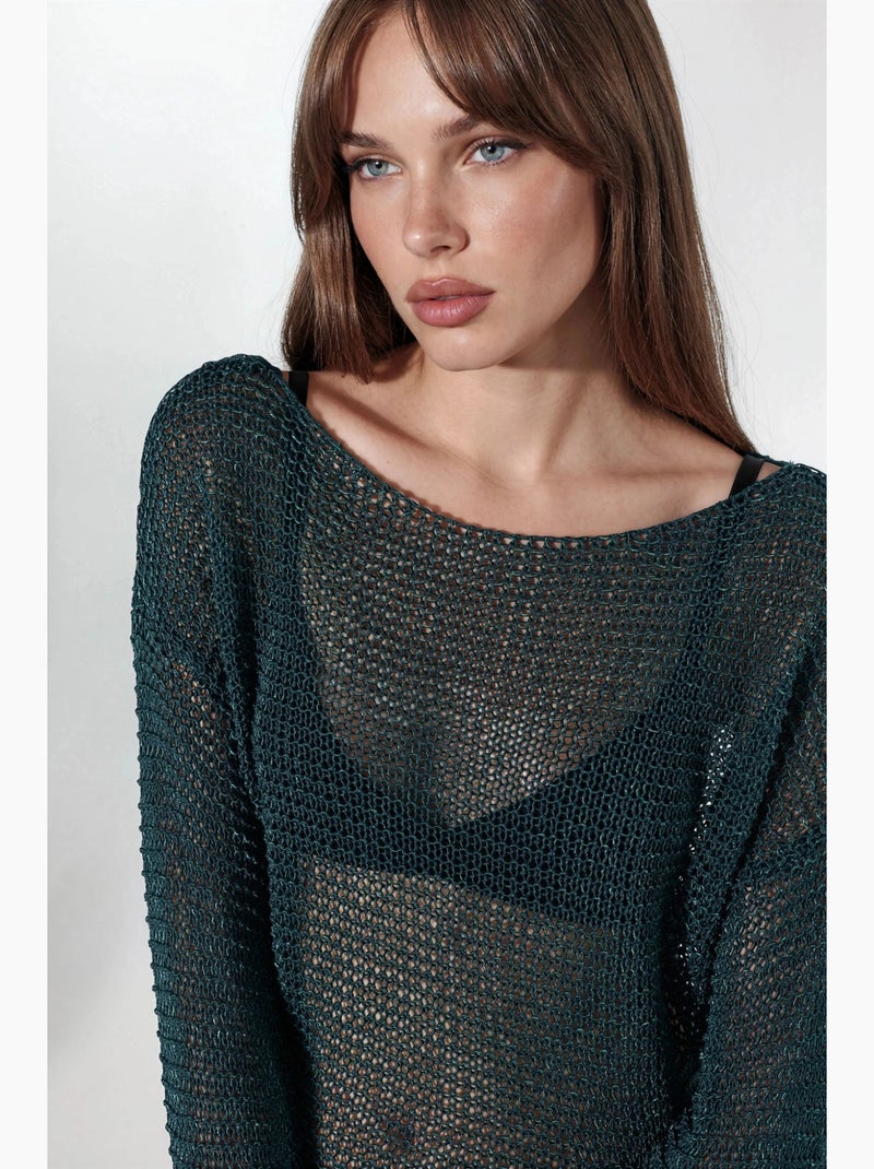 Pull oversize à col bateau en maille texturée hiccup Vert bouteille - Kiabi