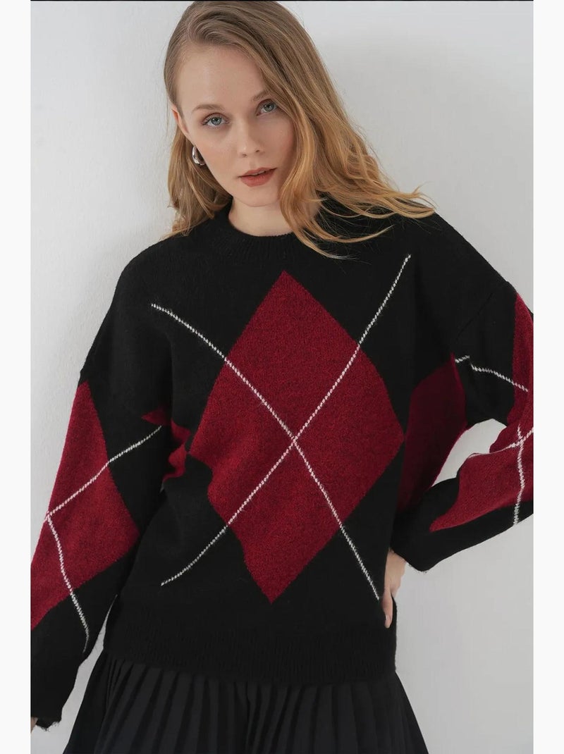 Pull oversize à motif argyle et col rond bdart Rouge foncé - Kiabi