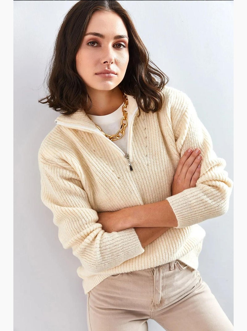 Pull oversize en maille à col roulé zippé lucci Beige argile - Kiabi